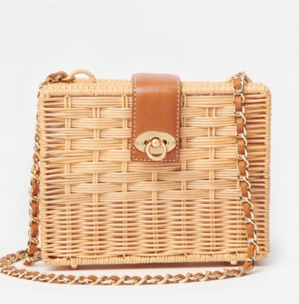 J. McLaughlin Christina Woven Wicker Crossbody Bag Leather Chain Tan Gold
